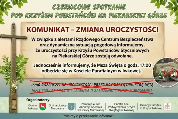 Odwołanie uroczystości przy Krzyżu Powstańców Styczniowych – Msza przeniesiona do kościoła