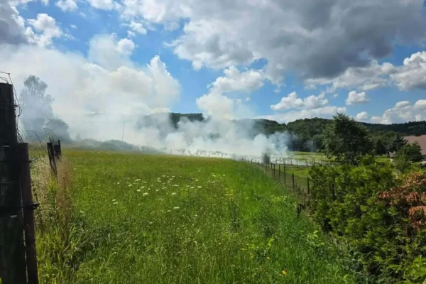 Pożar traw w Czchowie – strażacy walczą z ogniem na ulicy Cmentarnej