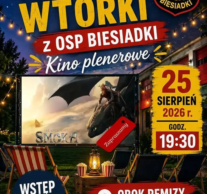Kino plenerowe w Biesiadkach: „Jak wytresować smoka” na placu przy remizie OSP