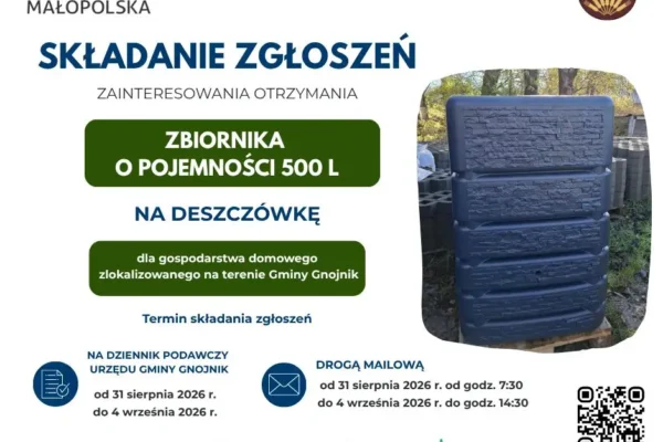 Rusza nabór wniosków na bezpłatne zbiorniki na deszczówkę w Gminie Gnojnik