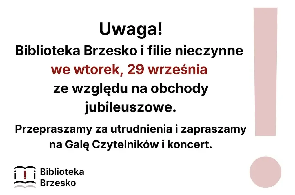 Biblioteka w Brzesku nieczynna 29 września – zaprasza na jubileuszowe wydarzenia