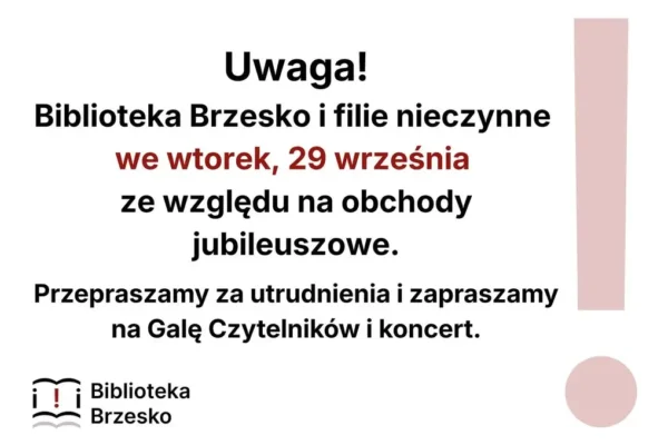 Biblioteka w Brzesku nieczynna 29 września – zaprasza na jubileuszowe wydarzenia