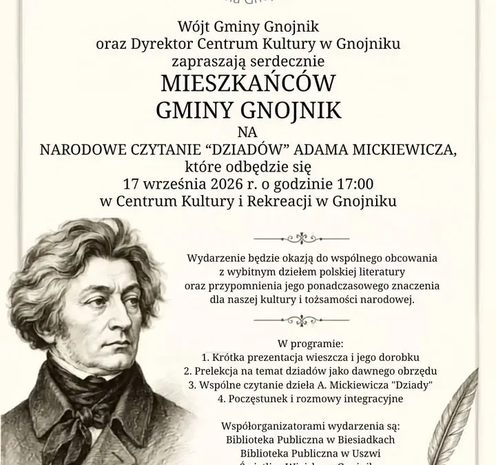 Narodowe Czytanie „Dziadów” w Gnojniku – zaproszenie na 17 września