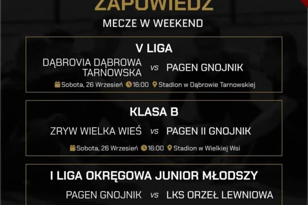 Weekend pełen emocji: Pagen Gnojnik gra na wyjazdach, juniorzy młodsi walczą w derbach