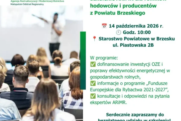 Szkolenie dla rolników w Brzesku – dotacje na OZE i fundusze dla rybactwa