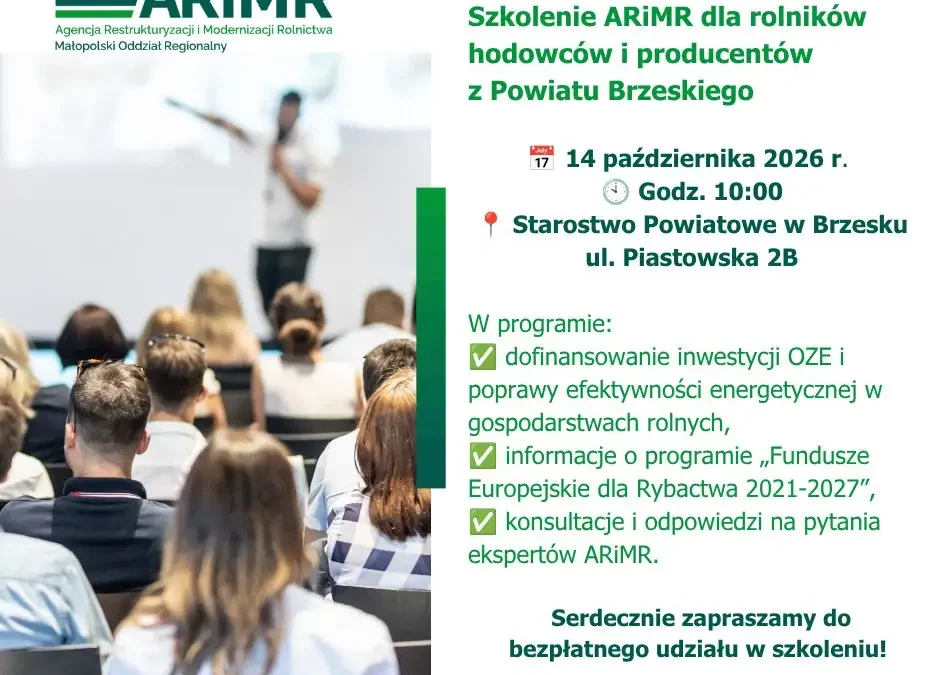 Szkolenie dla rolników w Brzesku – dotacje na OZE i fundusze dla rybactwa