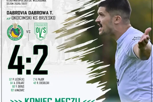 Okocimski Brzesko przegrywa mimo prowadzenia 2:0. Dąbrovia Dąbrowa Tarnowska wygrywa 4:2